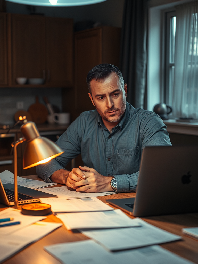 An independent contractor at a desk covered in invoices and bought-lead bills