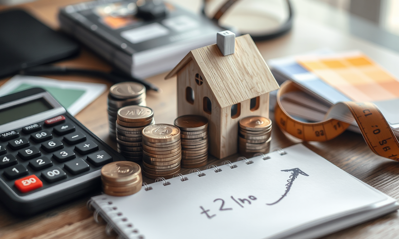 Calculate home improvement value — house model, coin stacks and ROI formula notepad before starting a project