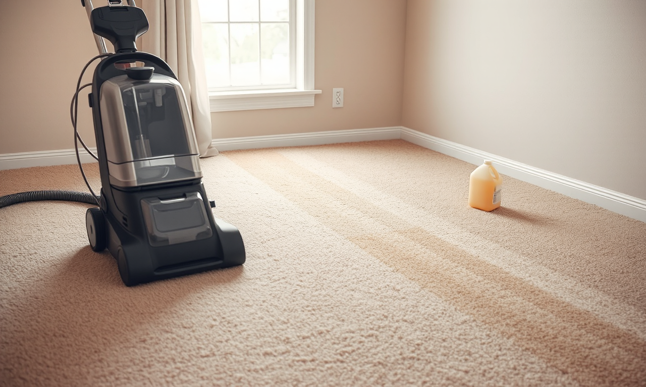 Carpet cleaning cost — extraction machine mid-room with a visibly cleaner stripe of carpet