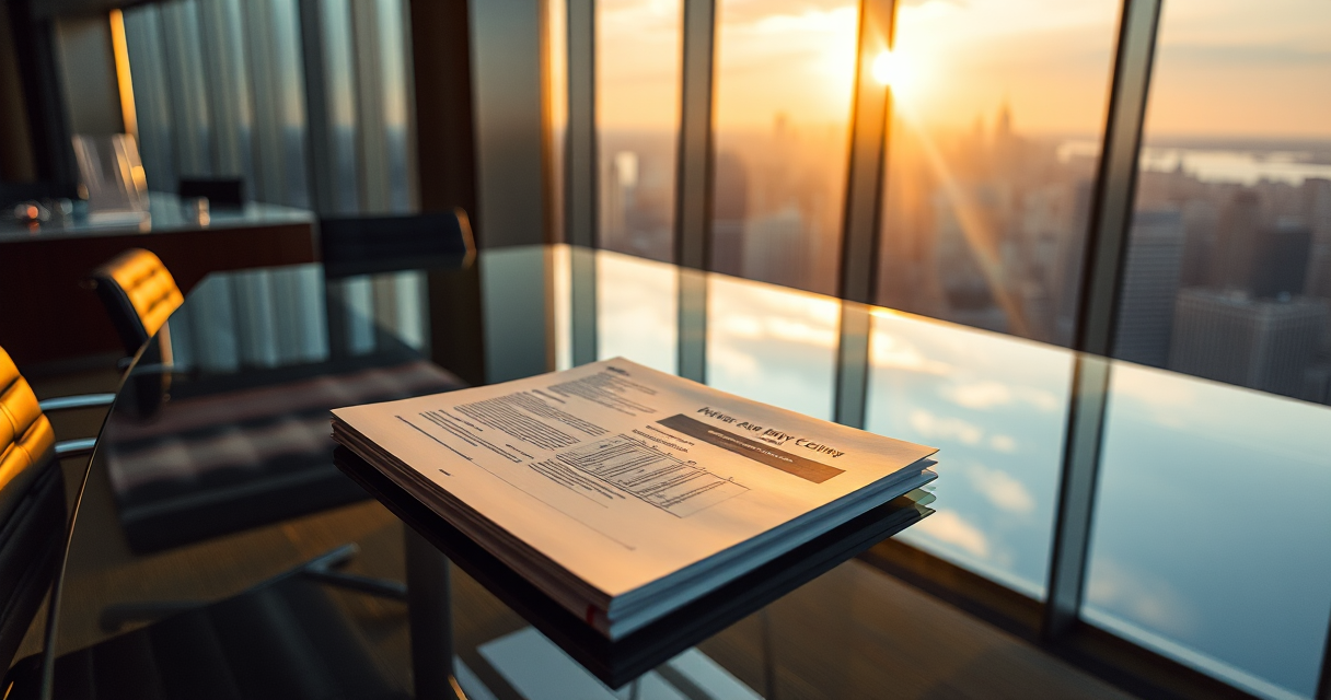A private-equity boardroom with an acquisition document and city skyline