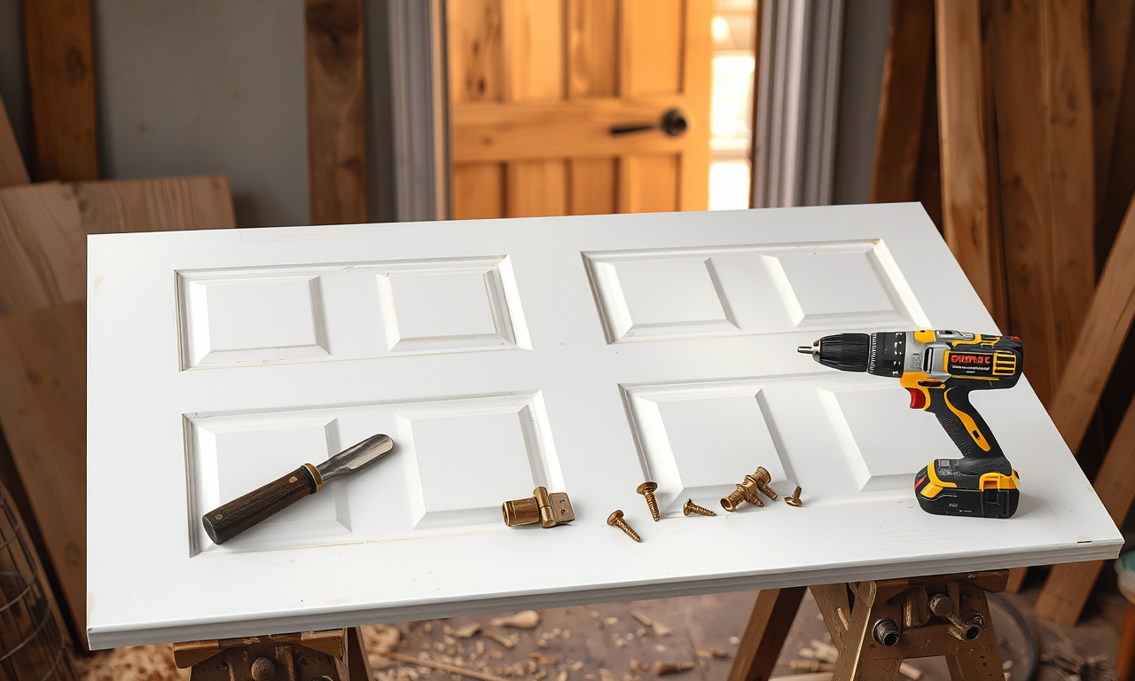 Door installation cost — new door slab on sawhorses with hinges and tools ready to hang