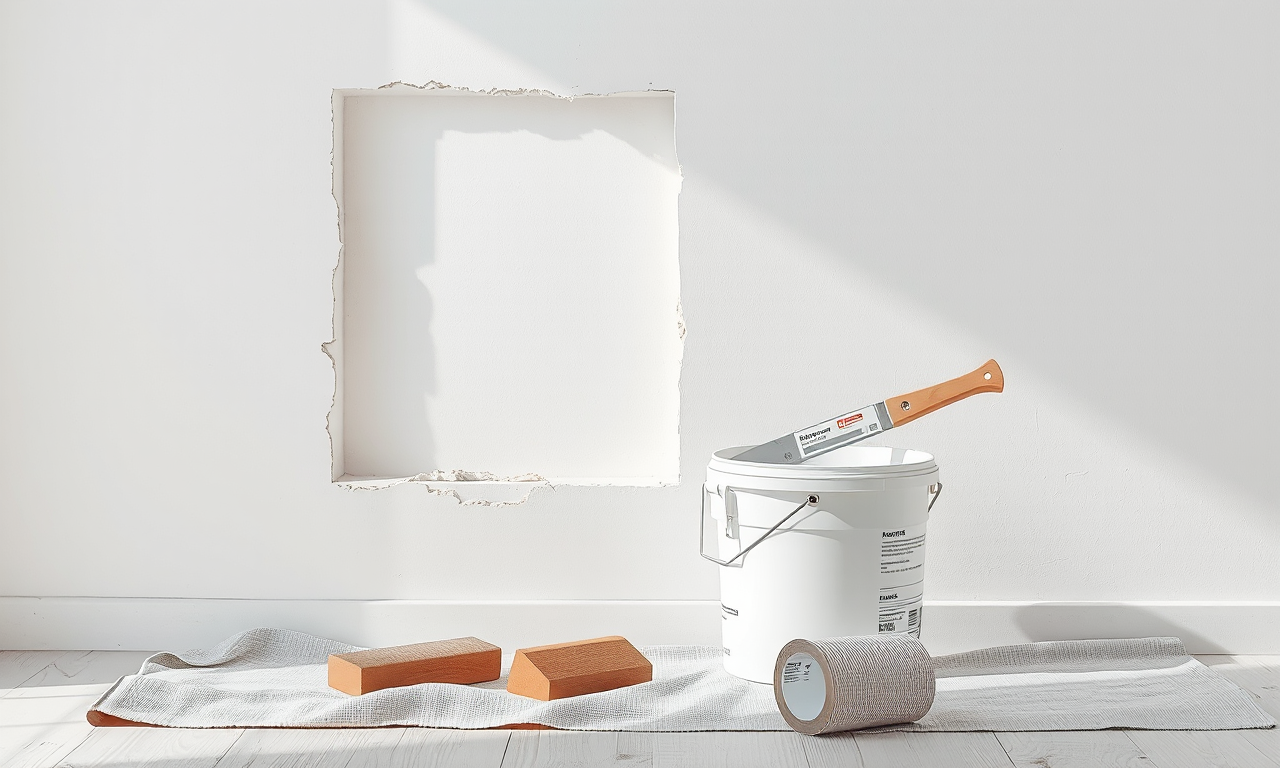 Drywall repair cost — square cut-out wall patch with joint compound and taping knife staged