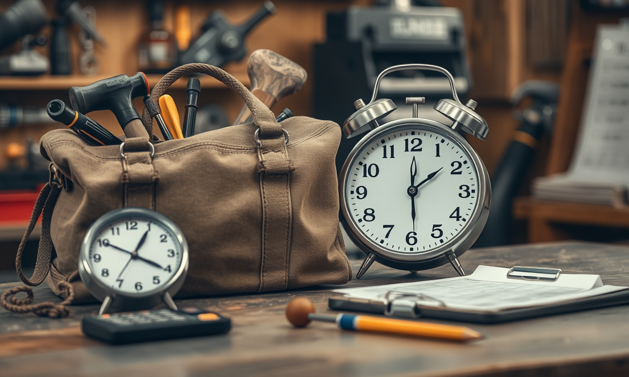 Handyman hourly rates 2026 — tool bag, clock and rate sheet showing how pros price their time