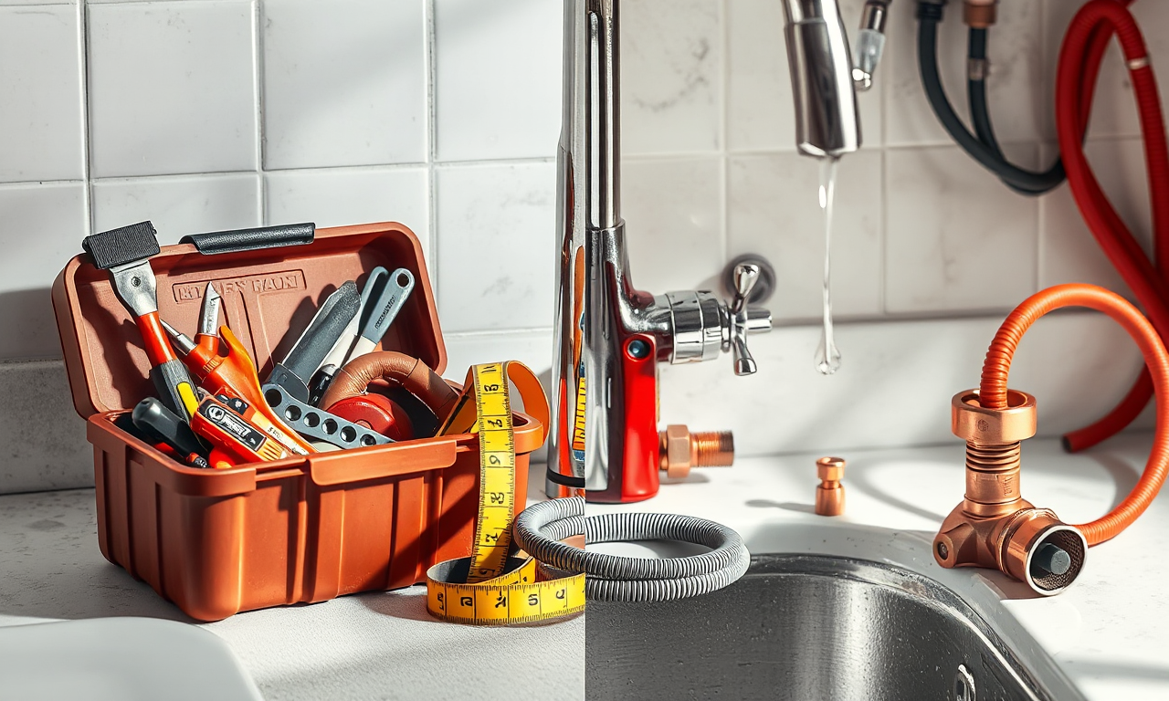 Handyman vs plumber — handyman toolbox beside professional plumbing tools at a dripping sink