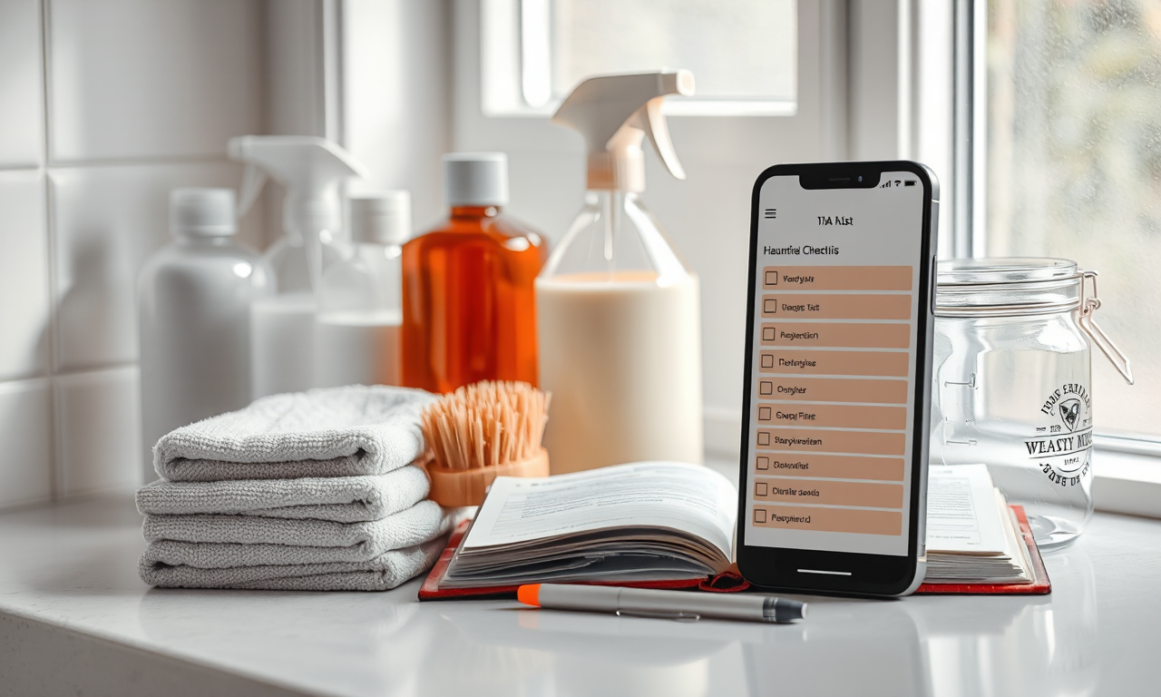 20 home cleaning questions answered — cleaning supplies, checklist and booking app on a laundry counter
