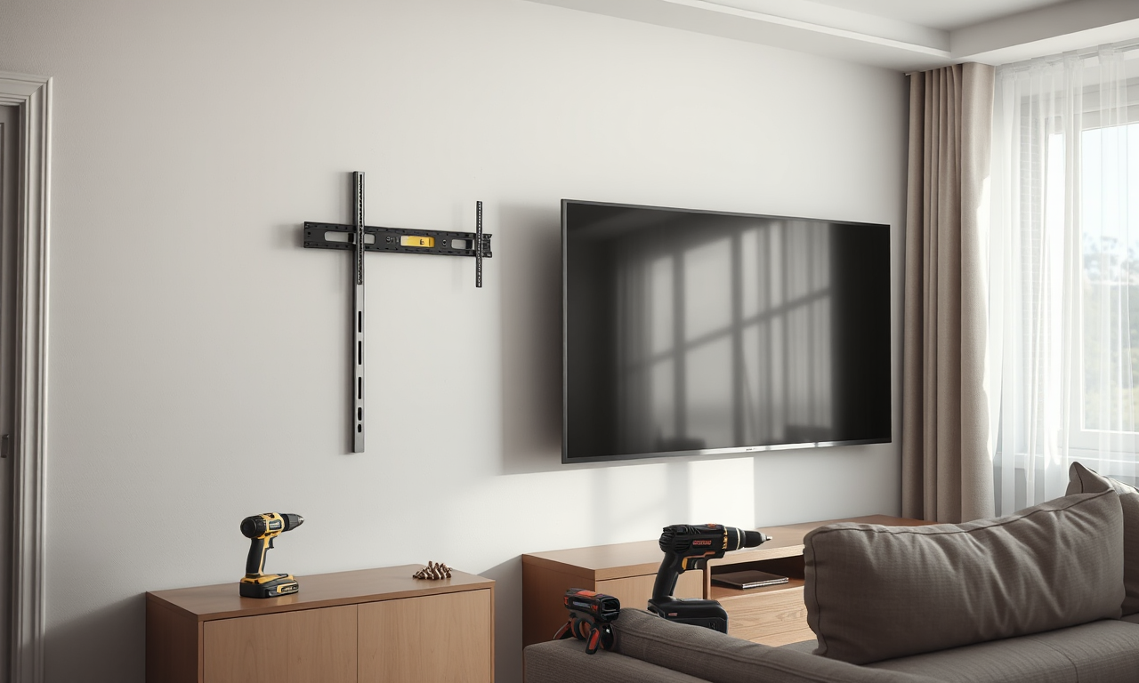 How to mount a TV on the wall — bracket leveled and bolted with stud finder and drill staged below