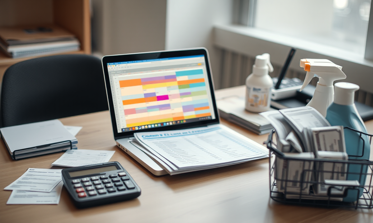 How to price cleaning services — rate sheets, calculator and spreadsheet on a cleaning business desk