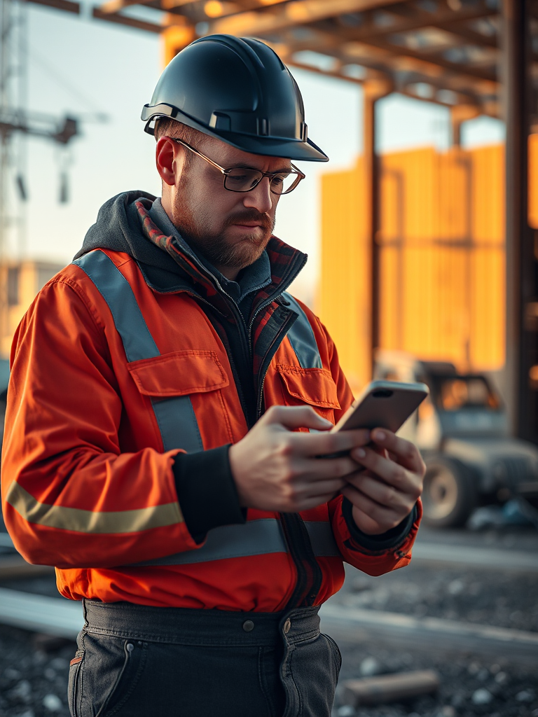 An HVAC technician in hi-vis gear running his jobs from his phone on a job site