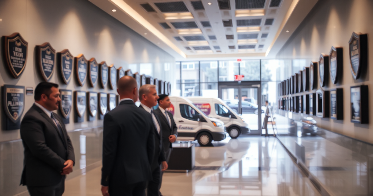 Corporate franchise headquarters with a wall of identical brand plaques