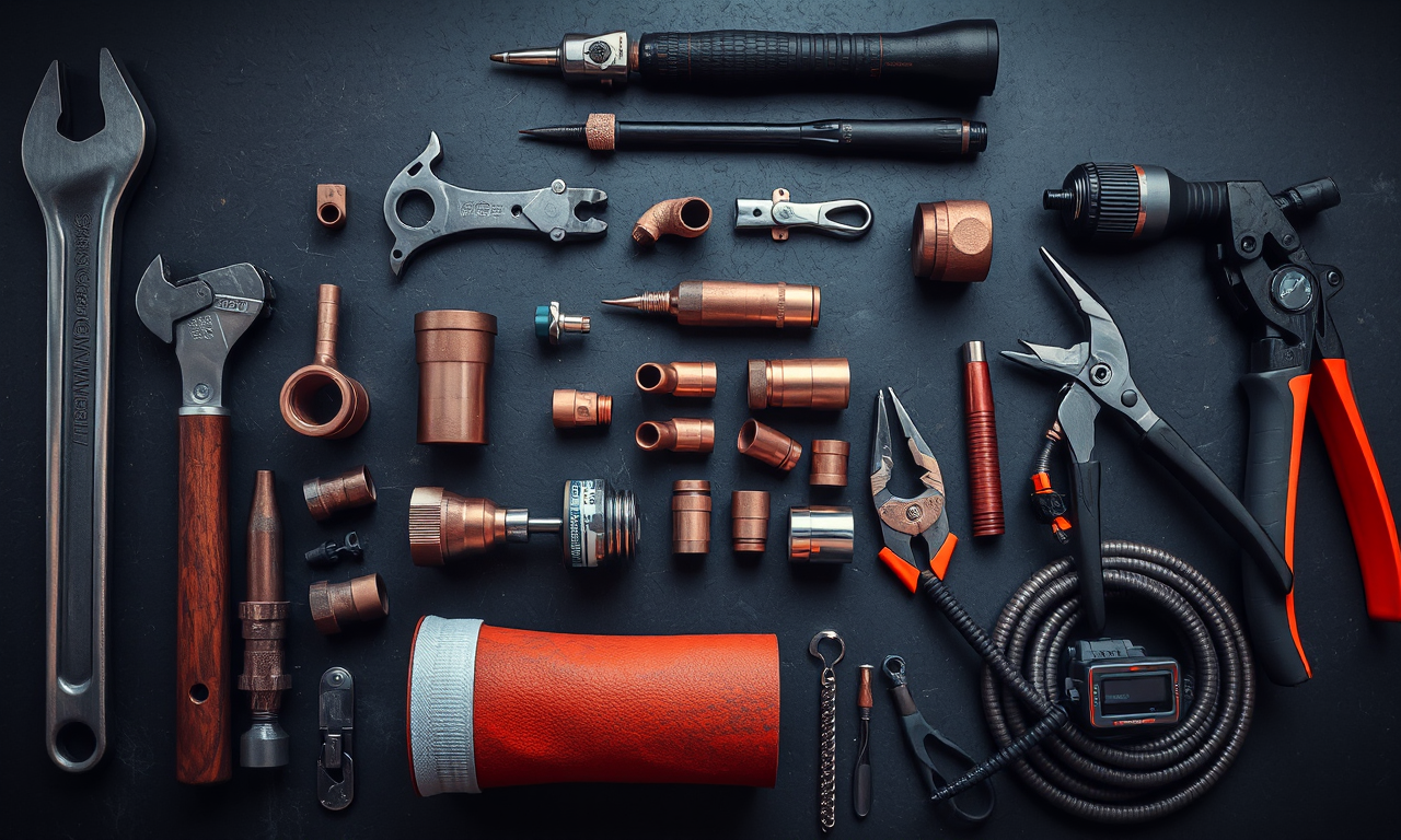 Most important plumbing tools — professional pipe wrench, cutters, fittings and inspection camera flat lay