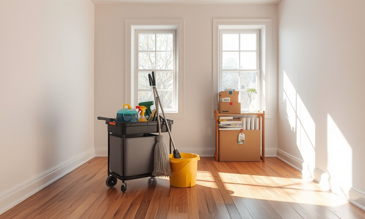 Move-out cleaning vs turnover cleaning — empty apartment with cleaning caddy, mop and moving boxes