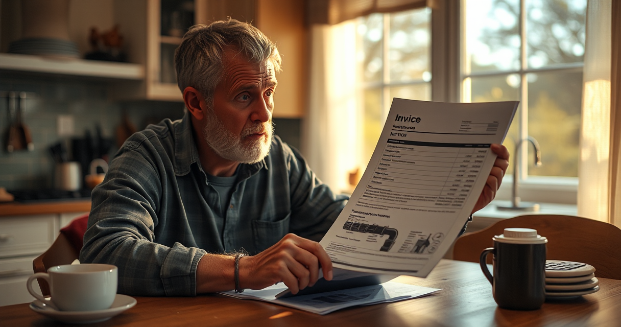 Homeowner reviewing a high plumbing invoice at the kitchen table