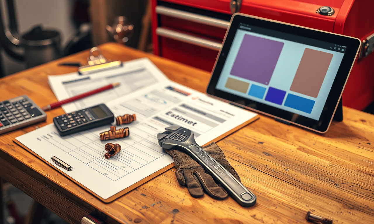 Plumbing estimating best practices — estimate worksheet, calculator and pipe fittings on a contractor workbench