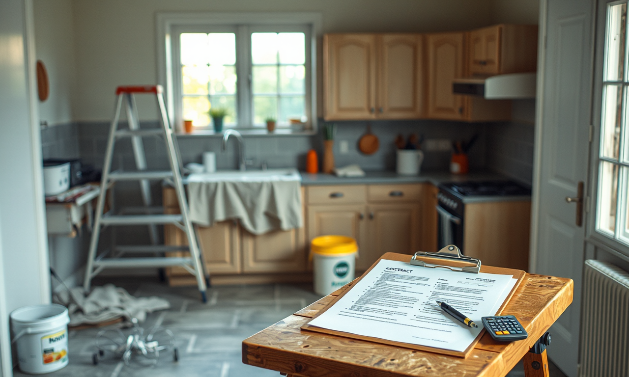 Remodeling contractor red flags — contract paperwork on a sawhorse in a half-renovated kitchen
