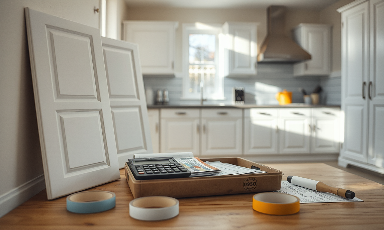 Renovation cost vs value — paint swatches, calculator and cost sheets during a minor kitchen update