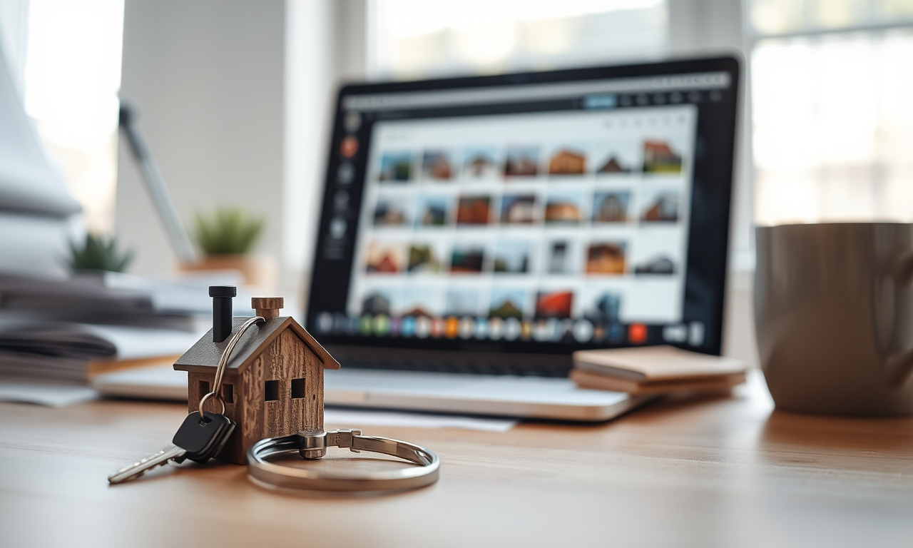 Best rental property listing sites — laptop with listing grid, house keys and lease paperwork