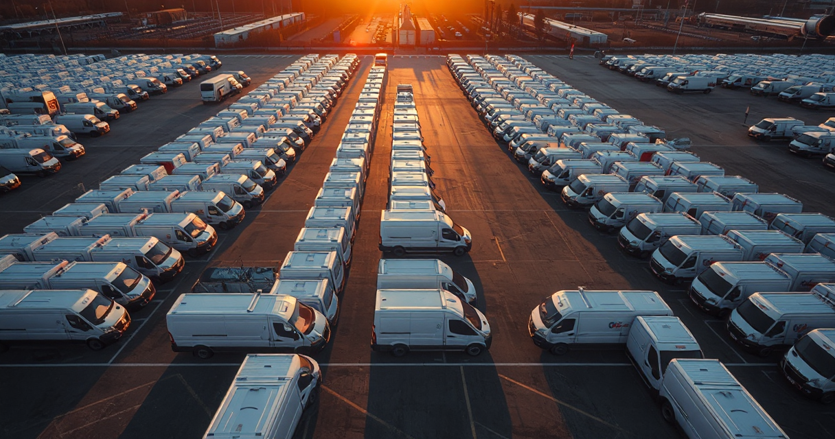 Aerial view of a fleet lot filled with rows of identical corporate home-services vans, illustrating private-equity consolidation of the trades