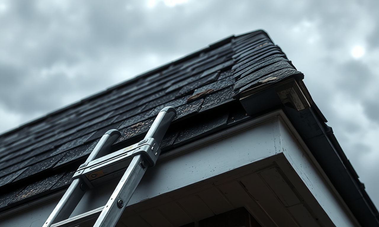 Roof repair mistakes — cracked lifted shingles and ladder at the gutter line before an inspection