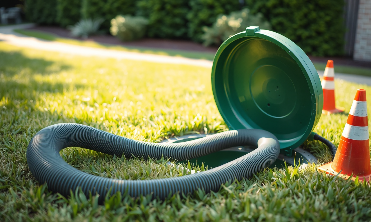 Septic tank pumping cost — open septic access lid with suction hose across the lawn