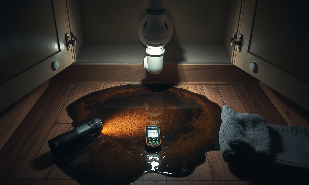 How to spot hidden water damage — flashlight and moisture meter on a water stain under the sink
