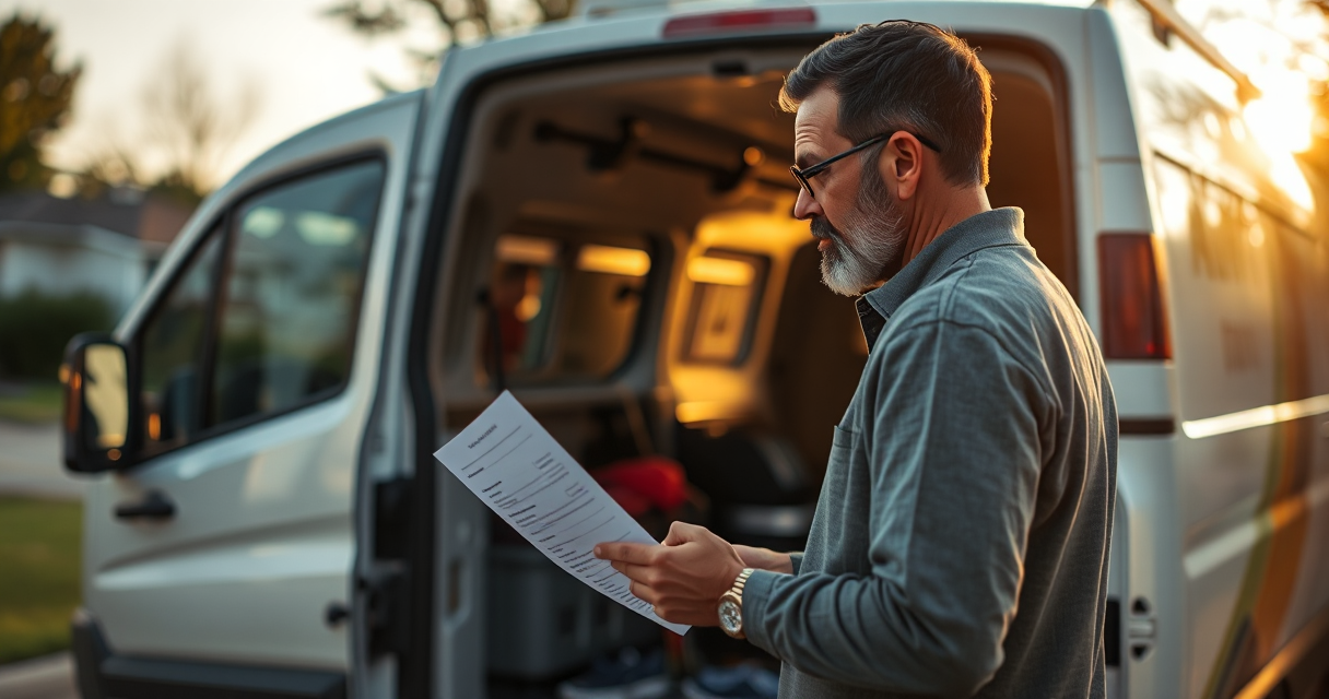 Homeowner inspecting a service van and quote in the driveway
