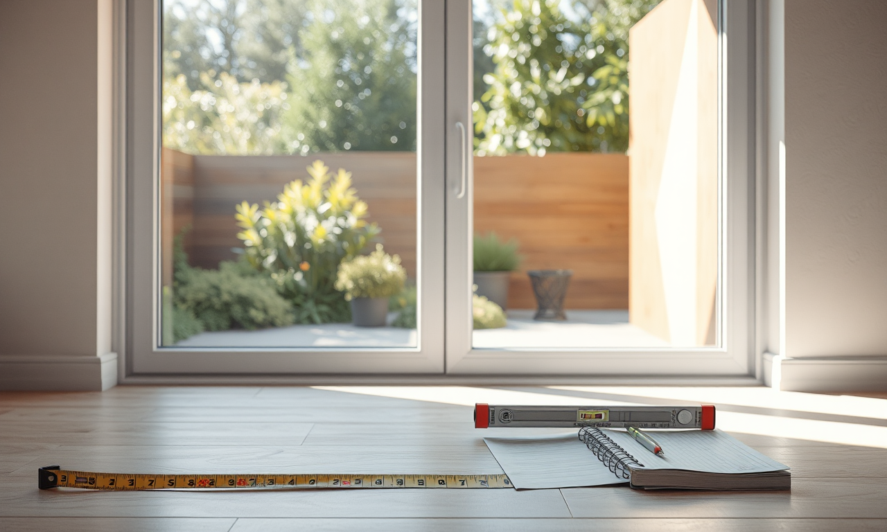 Standard sliding glass door sizes — tape measure across the track of a two-panel patio door