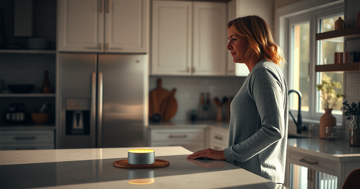 A homeowner using a smart speaker to find a plumber by voice