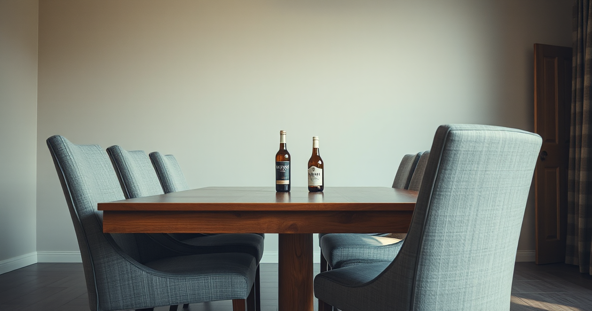 Clean upholstered dining chairs and table, close crop, bare wall