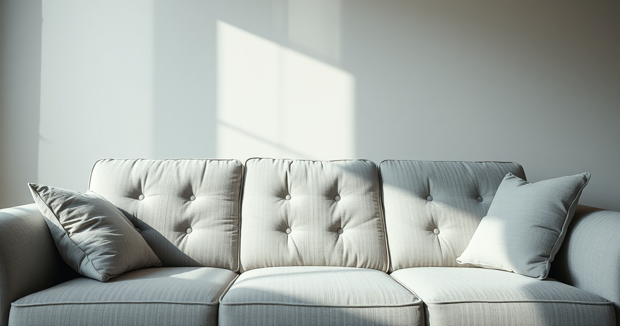Freshly cleaned upholstered sofa close-up, bare wall behind