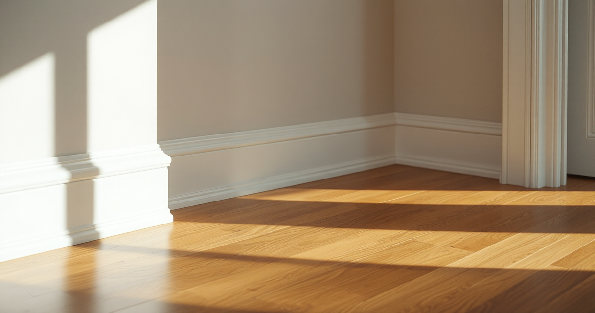 Spotless white baseboard meeting a clean hardwood floor, macro
