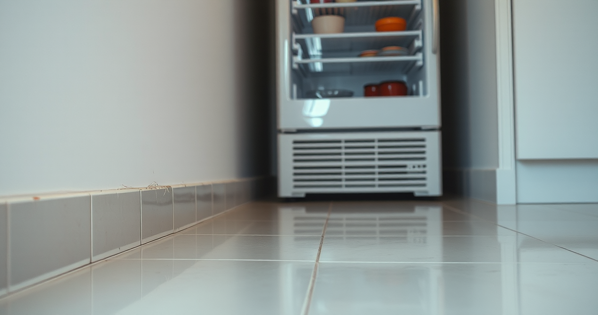 Clean gleaming floor and wall gap beside a pulled-out fridge
