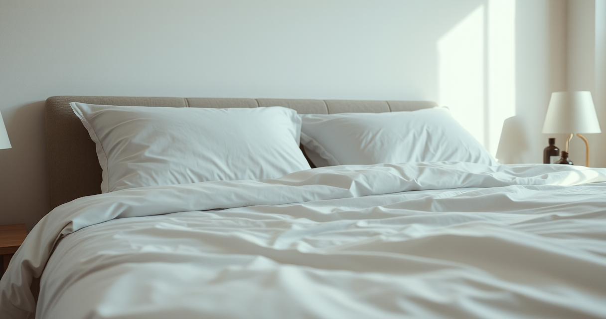 Freshly made bed with crisp white linens, close low angle