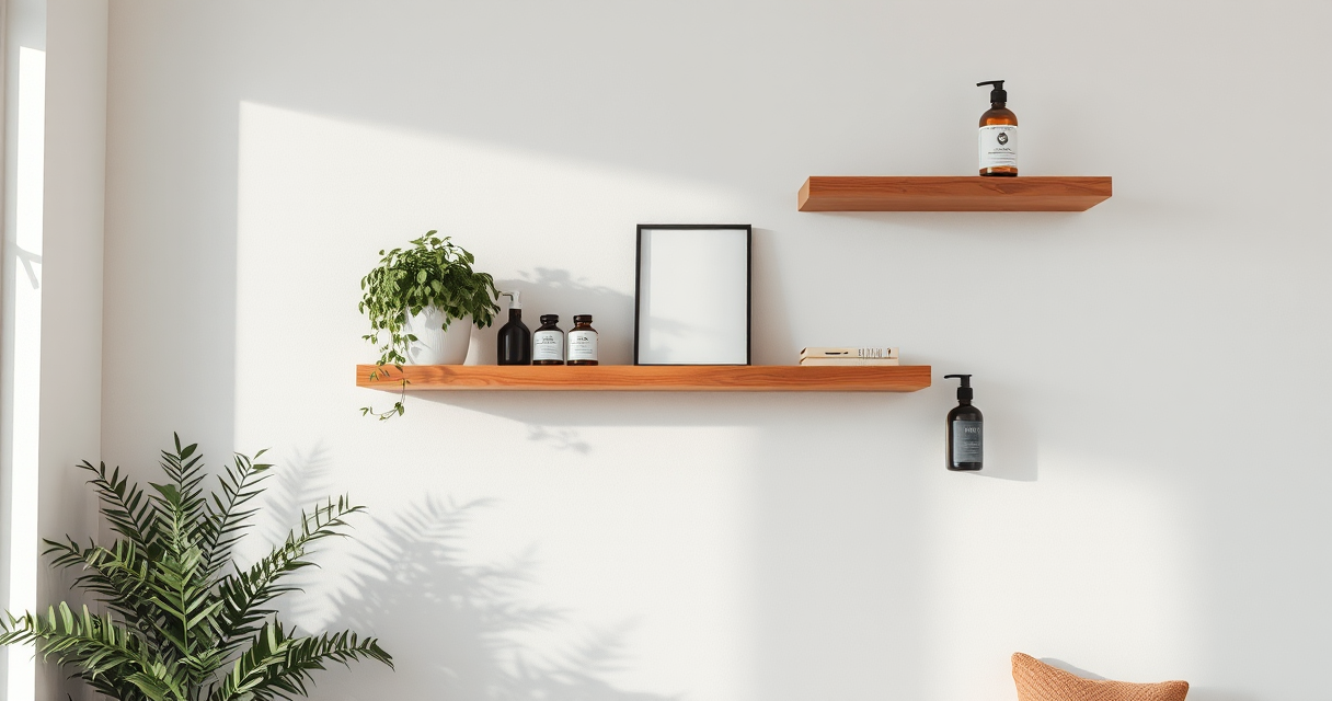 Clean dusted floating shelves with tidy decor