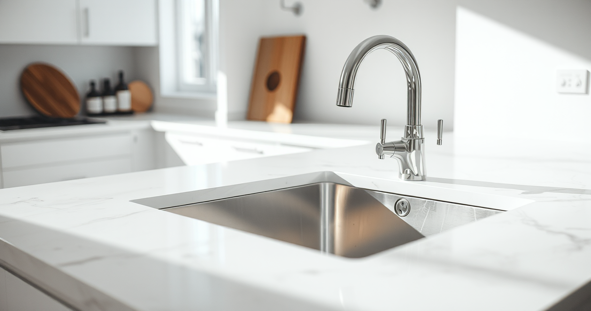 Gleaming wiped kitchen counter and clean sink close-up