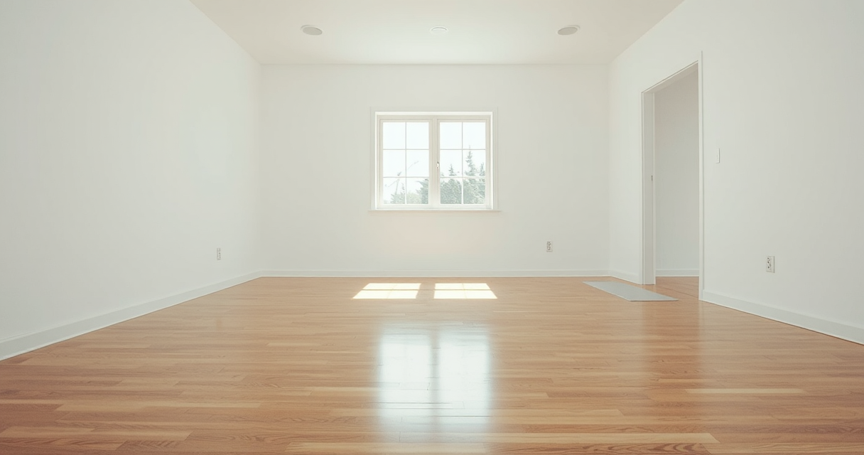 Freshly mopped gleaming empty hardwood floor, bare walls