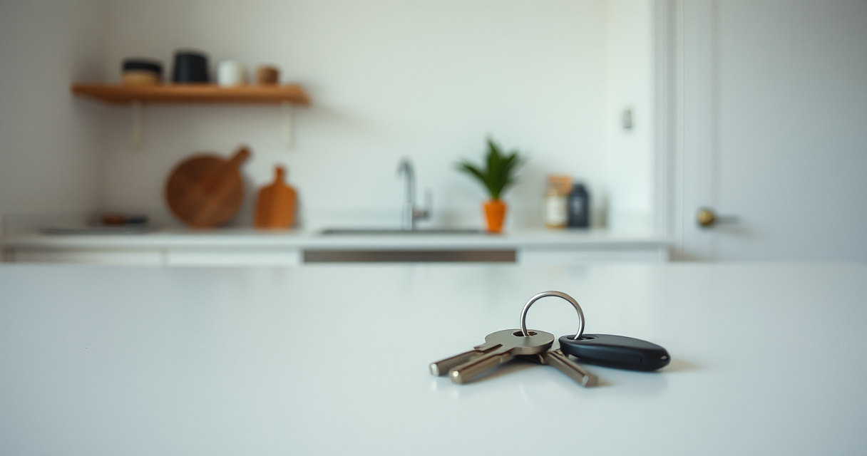 House keys on a clean empty counter, plain blurred background