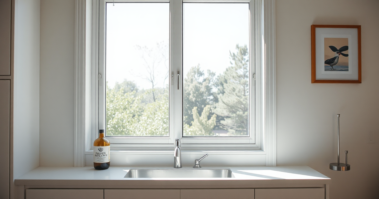 Clean window sill and clear glass in a bright room