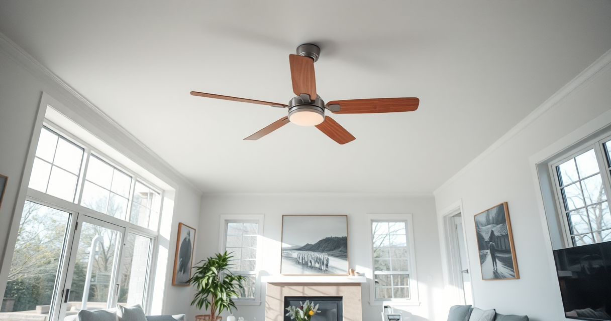 Modern ceiling fan installed in a bright living room