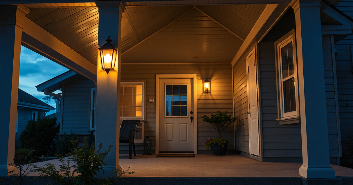 Warm outdoor porch lighting on a home exterior