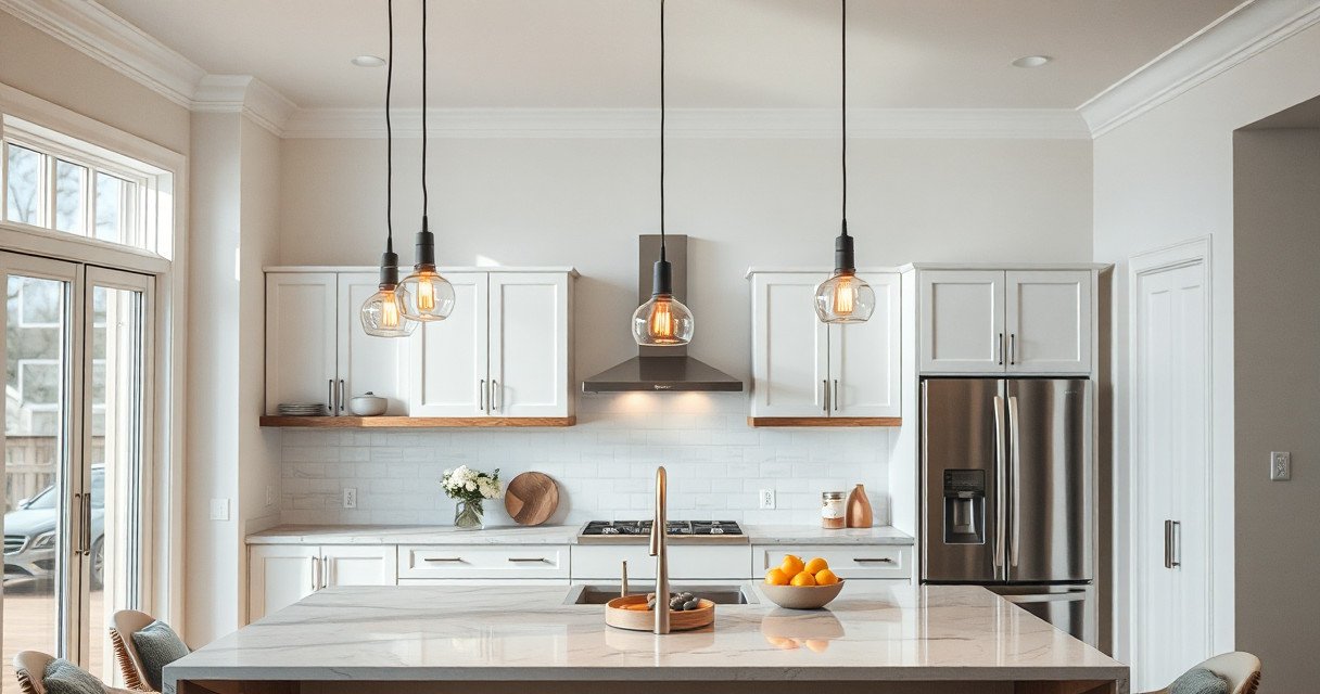 Pendant lights over a kitchen island