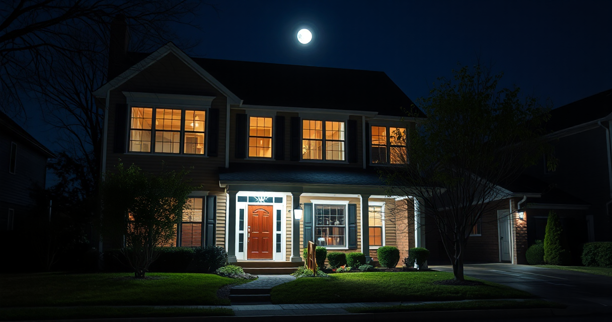 Suburban home lit up at night