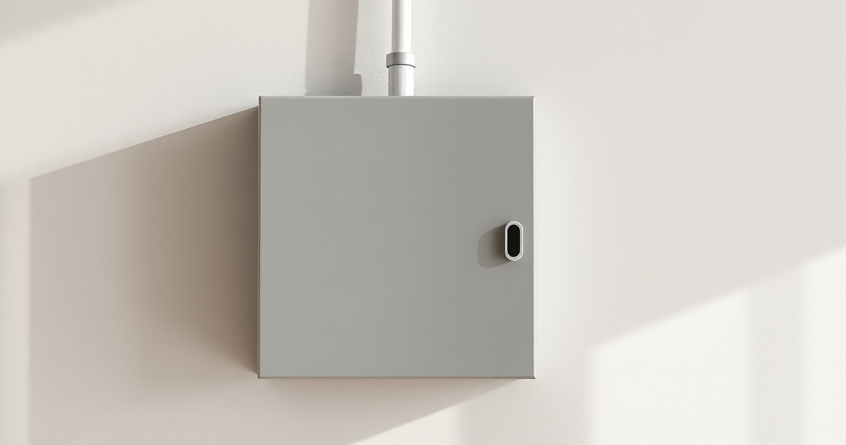 Closed gray electrical panel box on a clean wall