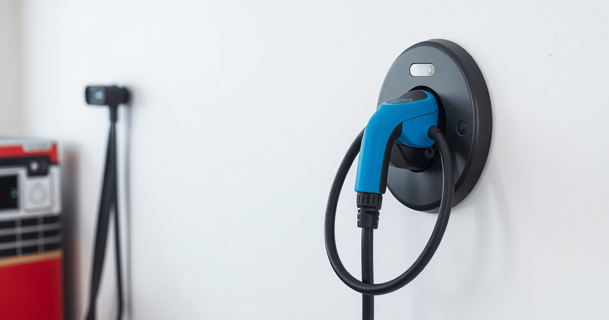 Thick EV charging cable coiled on a garage wall hook
