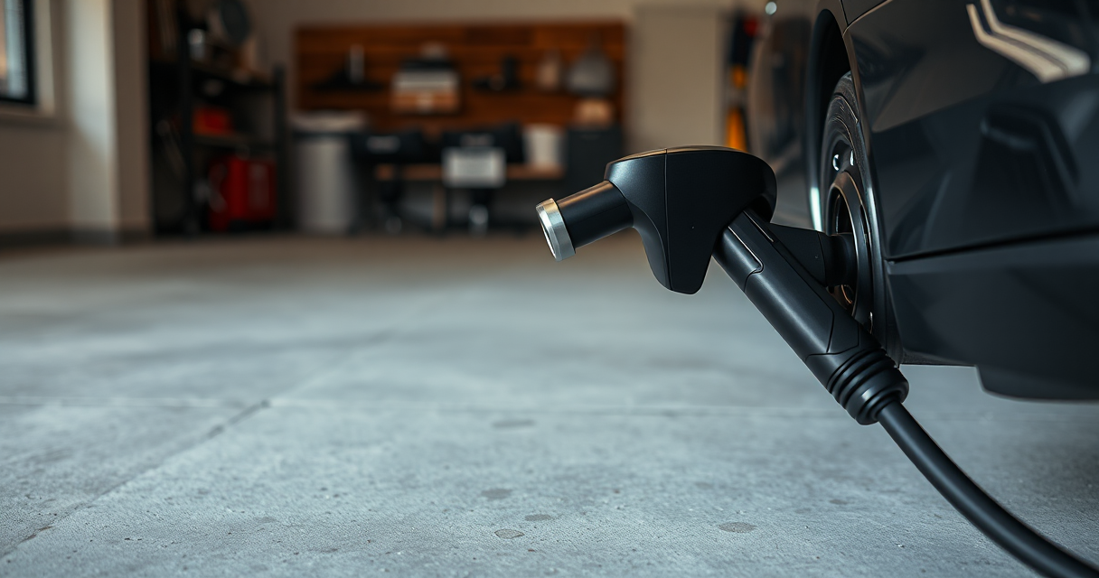 EV charging connector handle resting on a garage floor