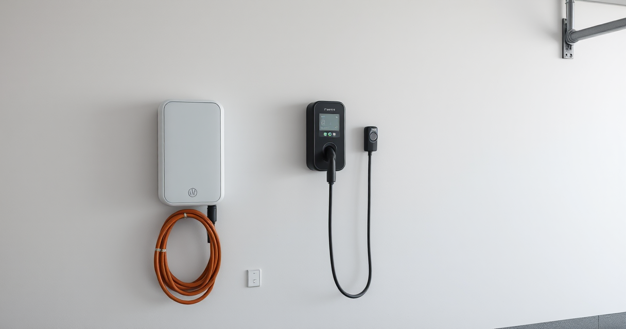 Home EV charger mounted on a clean garage wall