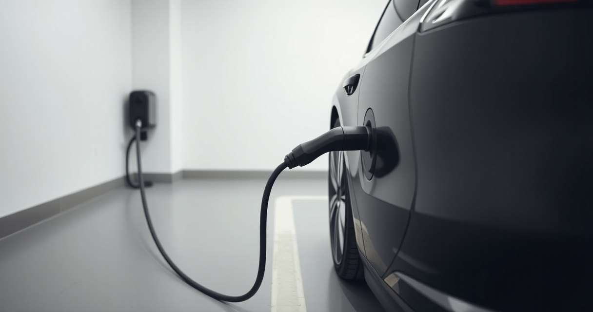 EV charging cable running from wall to a car in a garage