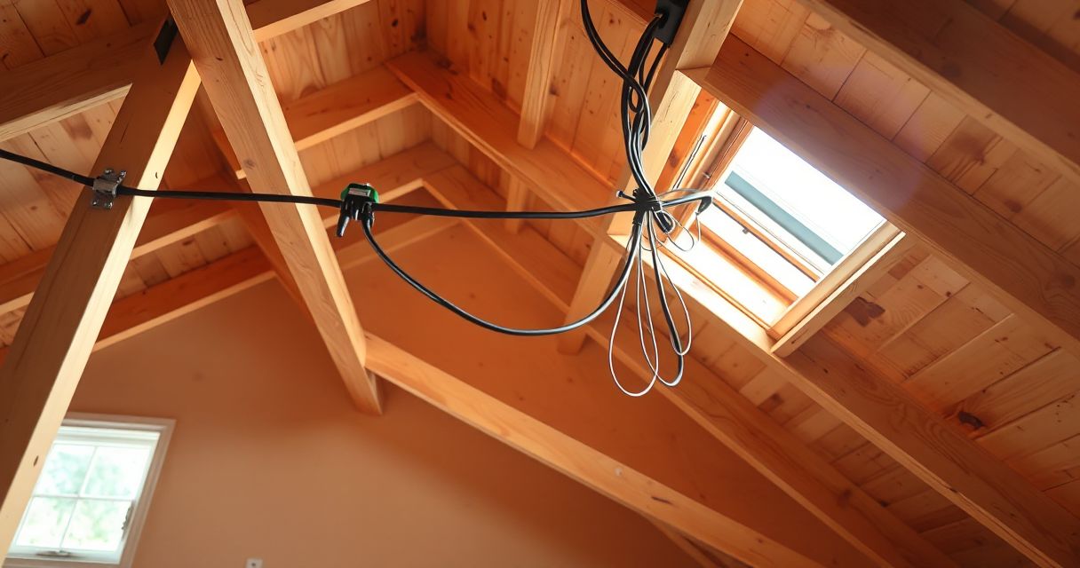 New electrical cable run through a bright attic