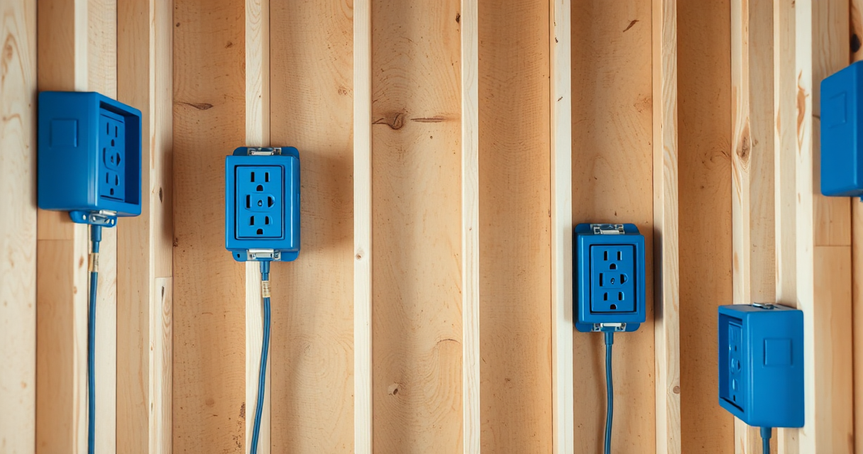 Row of new electrical boxes on framed studs