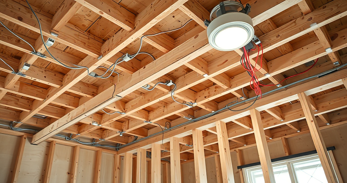 Electrical rough-in wiring in an unfinished ceiling