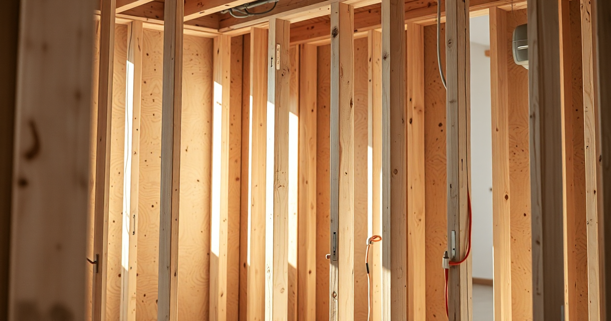 New electrical wiring run through open wall studs